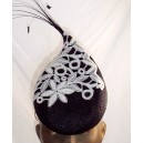black straw teardrop with guipure lace and feather sprout